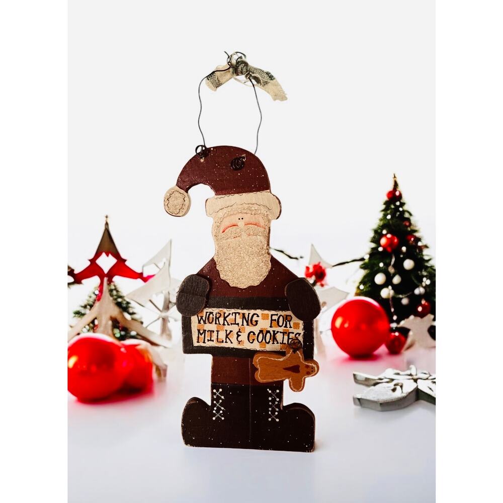 VINTAGE Wood Santa Claus Working for Milk & Cookies Christmas Tree Xmas Ornament